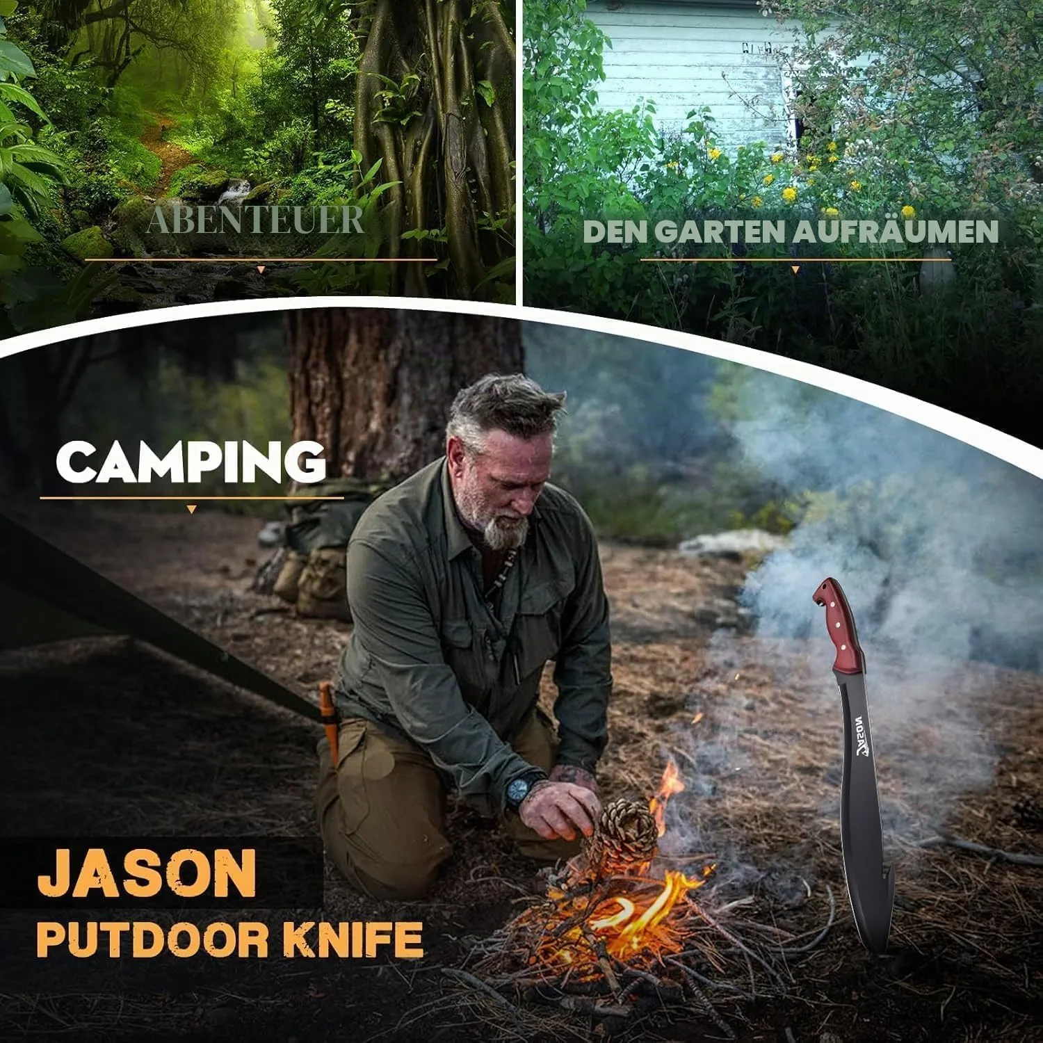 JASON Machete Survival Outdoor Messer D2-Stahl Holzgriff mit Scheide