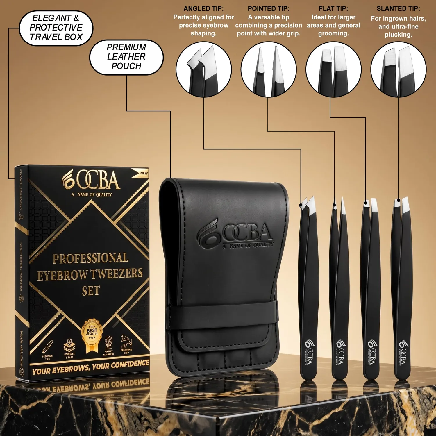 OCBA Pinzette Set 4 Stück Schwarz Edelstahl schräg