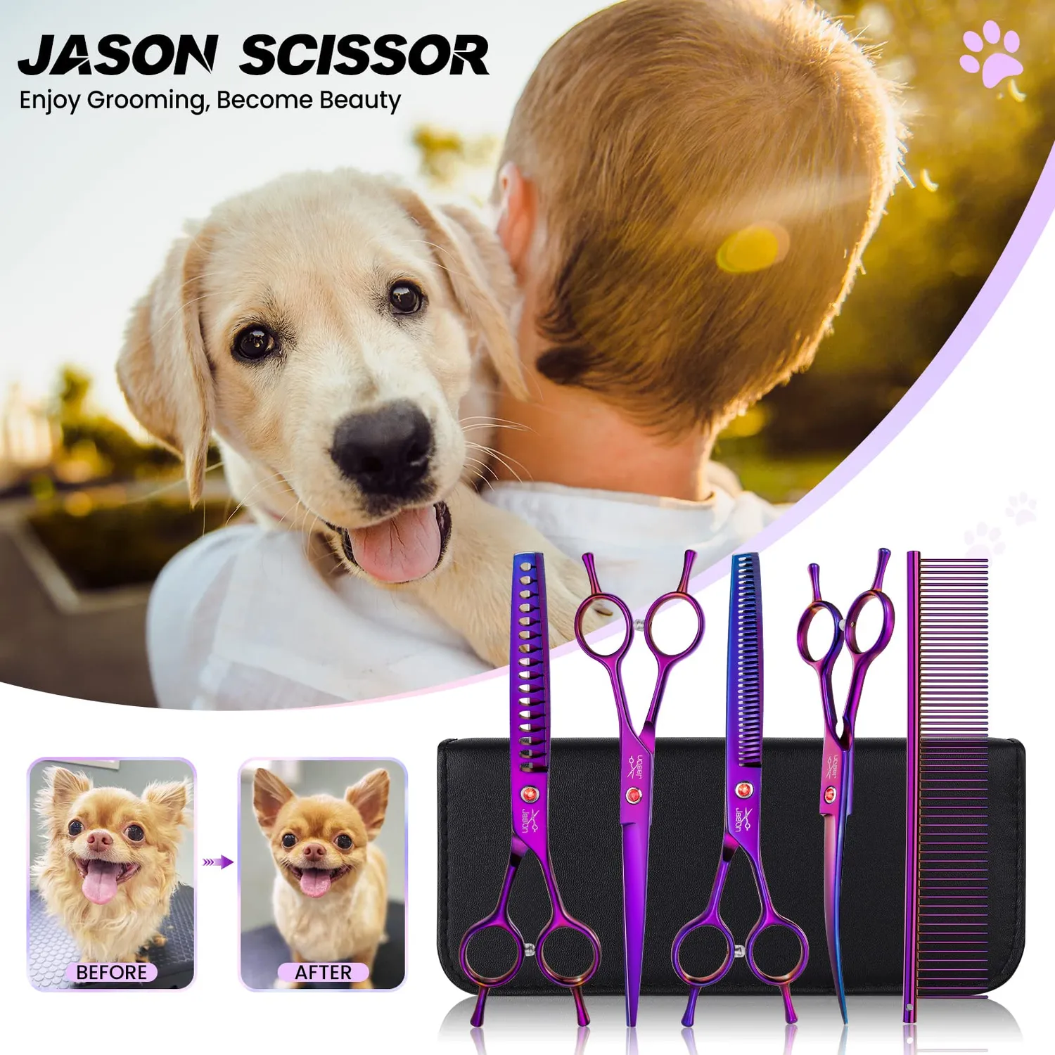 JASON Profi Hundeschere Set 7,5 Zoll 6in1 Edelstahl