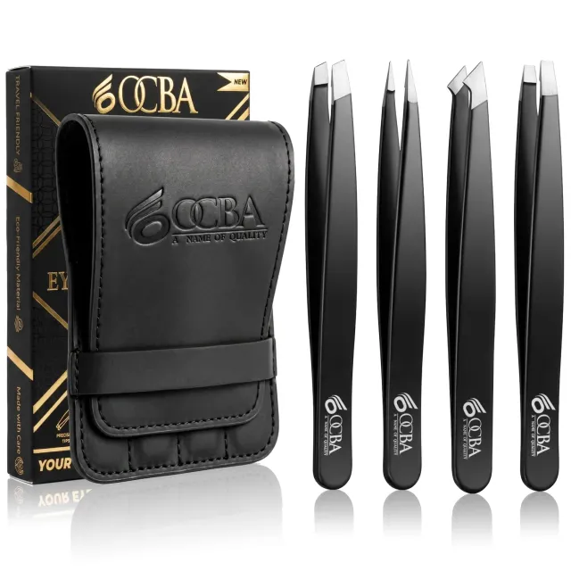 OCBA Pinzette Set 4 Stück Schwarz Edelstahl schräg