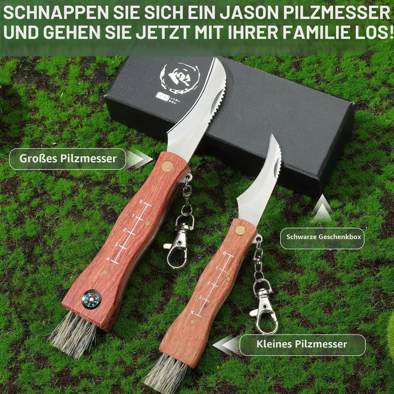 Jason Pilzmesser mit Bürste Set 2 Stück Klappmesser Holzgriff
