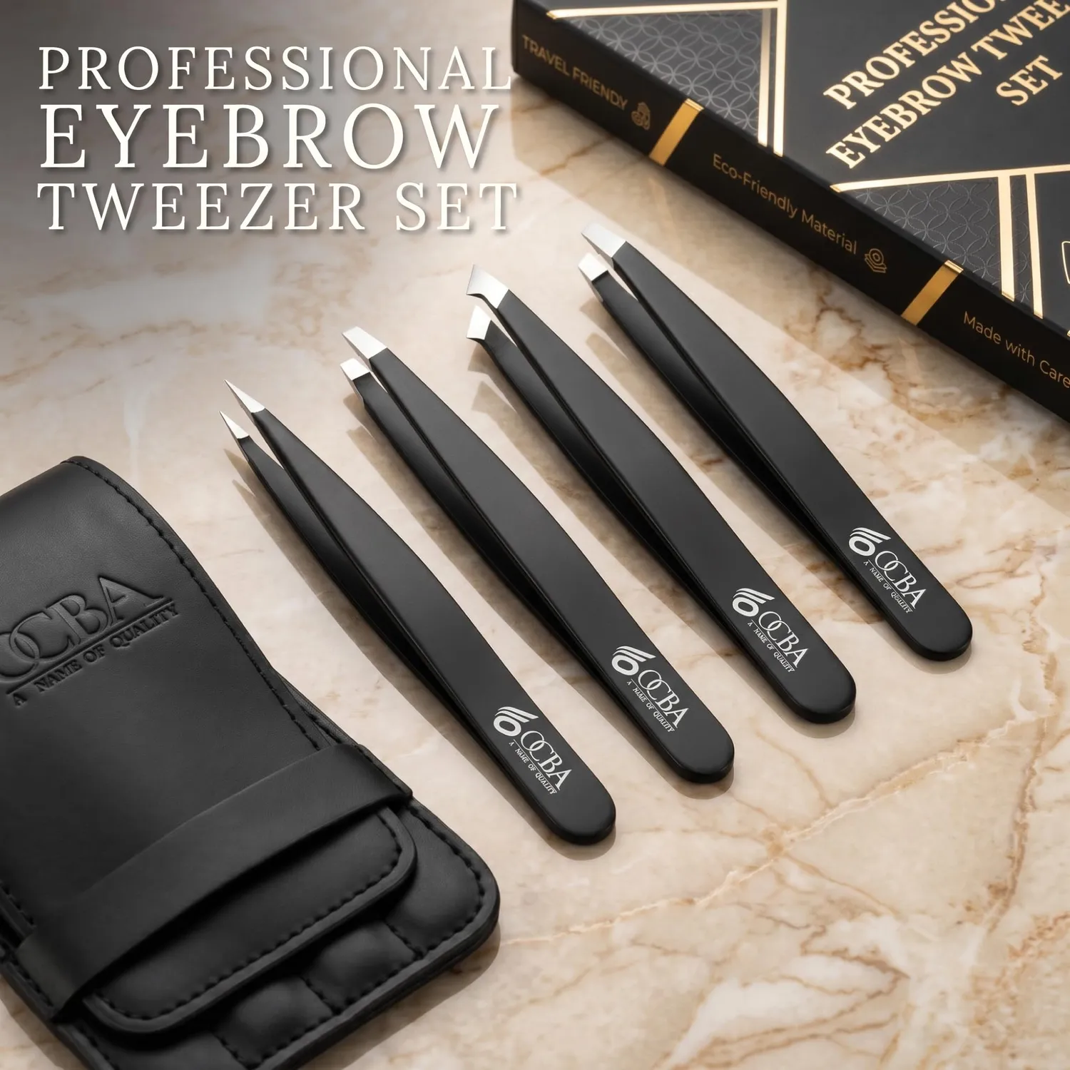 OCBA Pinzette Set 4 Stück Schwarz Edelstahl schräg